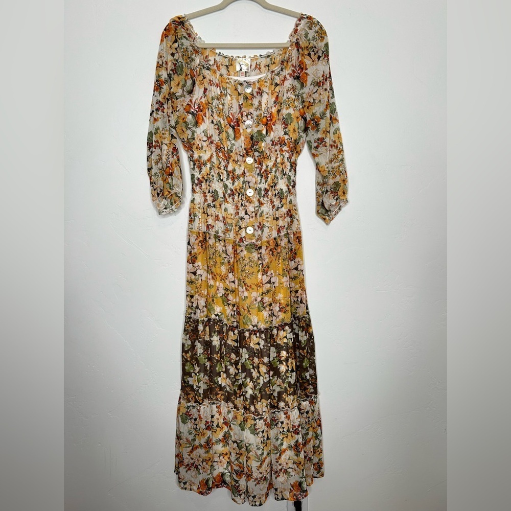 Fig and Flower Multicolor Autumn Floral Maxi Dress Tiered 3/4 Sleeves Medium